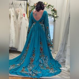 Elegant Floral Embroidered Blue Wedding Dress